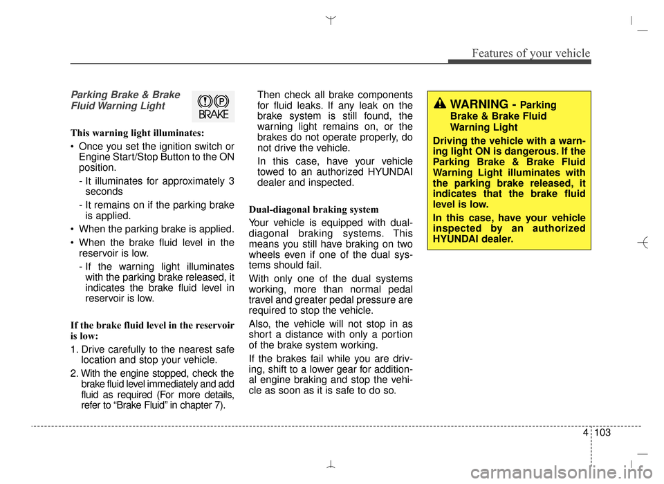 Hyundai Santa Fe Sport 2016  Owners Manual 4103
Features of your vehicle
Parking Brake & BrakeFluid Warning  Light
This warning light illuminates:
 Once you set the ignition switch or Engine Start/Stop Button to the ON
position.
- It illuminat