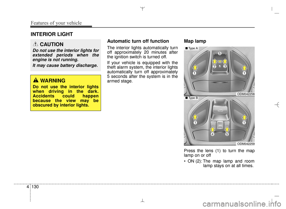 Hyundai Santa Fe Sport 2016 Owners Manual Features of your vehicle
130
4
Automatic turn off function
The interior lights automatically turn
off approximately 20 minutes after
the ignition switch is turned off.
If your vehicle is equipped with Hyundai Santa Fe Sport 2016 Owners Manual Features of your vehicle
130
4
Automatic turn off function
The interior lights automatically turn
off approximately 20 minutes after
the ignition switch is turned off.
If your vehicle is equipped with