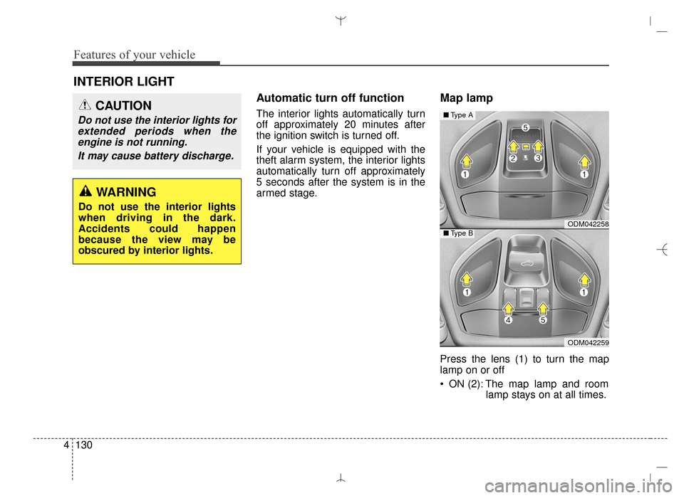 Hyundai Santa Fe Sport 2016  Owners Manual Features of your vehicle
130
4
Automatic turn off function
The interior lights automatically turn
off approximately 20 minutes after
the ignition switch is turned off.
If your vehicle is equipped with