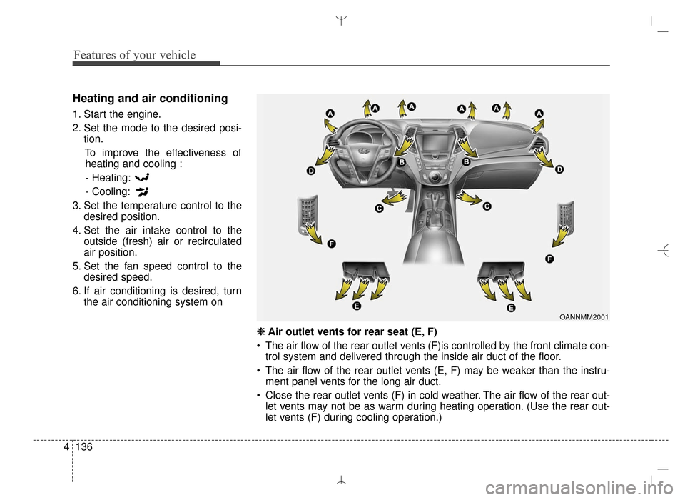 Hyundai Santa Fe Sport 2016  Owners Manual Features of your vehicle
136
4
Heating and air conditioning
1. Start the engine.
2. Set the mode to the desired posi-
tion.
To improve the effectiveness ofheating and cooling :
- Heating:
- Cooling:
3