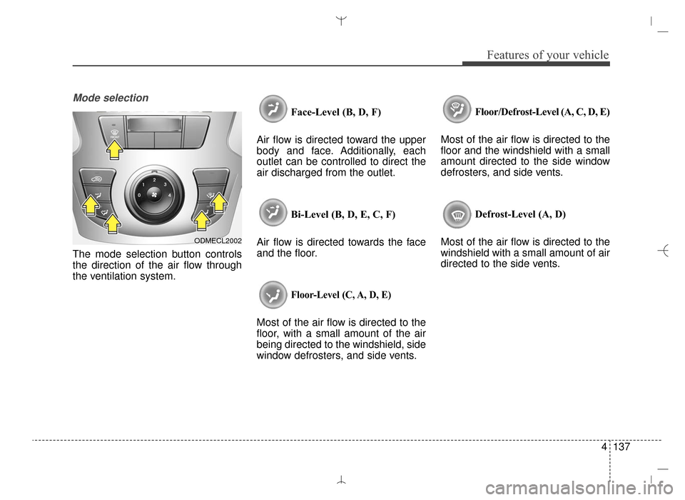 Hyundai Santa Fe Sport 2016 Owners Manual 4137
Features of your vehicle
Mode selection
The mode selection button controls
the direction of the air flow through
the ventilation system.Face-Level (B, D, F)
Air flow is directed toward the upper
Hyundai Santa Fe Sport 2016 Owners Manual 4137
Features of your vehicle
Mode selection
The mode selection button controls
the direction of the air flow through
the ventilation system.Face-Level (B, D, F)
Air flow is directed toward the upper