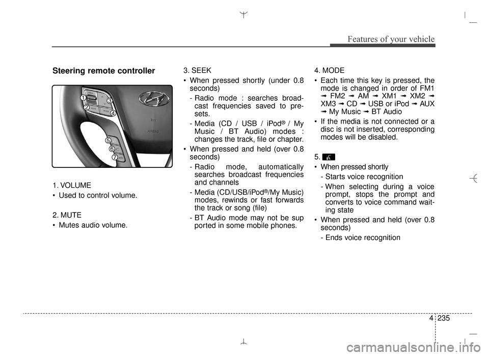 Hyundai Santa Fe Sport 2016 Owners Manual 4235
Features of your vehicle
Steering remote controller
1. VOLUME
Used to control volume.
2. MUTE
Mutes audio volume.3. SEEK
When pressed shortly (under 0.8
seconds)
- Radio mode : searches broad- Hyundai Santa Fe Sport 2016 Owners Manual 4235
Features of your vehicle
Steering remote controller
1. VOLUME
Used to control volume.
2. MUTE
Mutes audio volume.3. SEEK
When pressed shortly (under 0.8
seconds)
- Radio mode : searches broad-