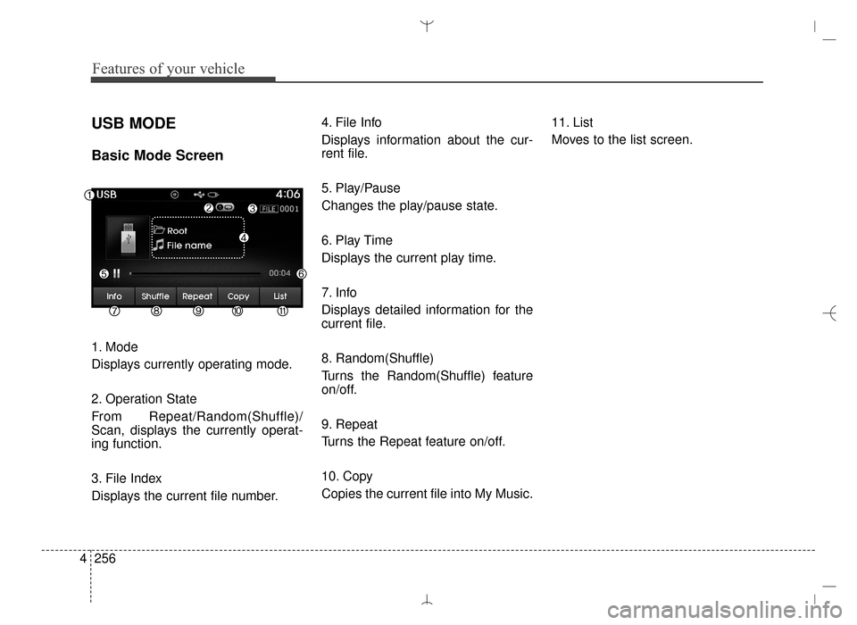 Hyundai Santa Fe Sport 2016 Owners Manual Features of your vehicle
256
4
USB MODE
Basic Mode Screen
1. Mode
Displays currently operating mode.
2. Operation State
From Repeat/Random(Shuffle)/
Scan, displays the currently operat-
ing function. Hyundai Santa Fe Sport 2016 Owners Manual Features of your vehicle
256
4
USB MODE
Basic Mode Screen
1. Mode
Displays currently operating mode.
2. Operation State
From Repeat/Random(Shuffle)/
Scan, displays the currently operat-
ing function.