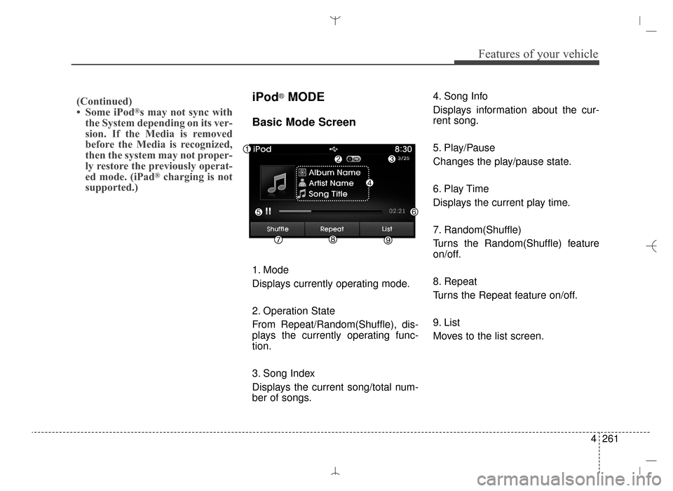 Hyundai Santa Fe Sport 2016  Owners Manual 4261
Features of your vehicle
iPod®MODE
Basic Mode Screen
1. Mode
Displays currently operating mode.
2. Operation State
From Repeat/Random(Shuffle), dis-
plays the currently operating func-
tion.
3. 