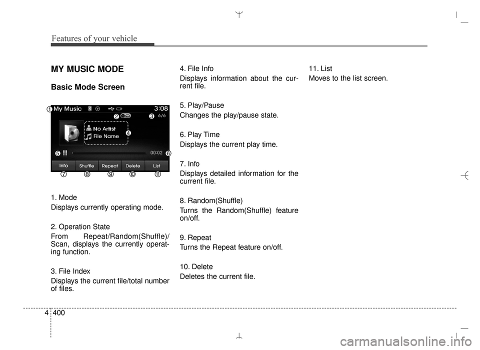 Hyundai Santa Fe Sport 2016 Owners Manual Features of your vehicle
400
4
MY MUSIC MODE
Basic Mode Screen
1. Mode
Displays currently operating mode.
2. Operation State
From Repeat/Random(Shuffle)/
Scan, displays the currently operat-
ing funct Hyundai Santa Fe Sport 2016 Owners Manual Features of your vehicle
400
4
MY MUSIC MODE
Basic Mode Screen
1. Mode
Displays currently operating mode.
2. Operation State
From Repeat/Random(Shuffle)/
Scan, displays the currently operat-
ing funct