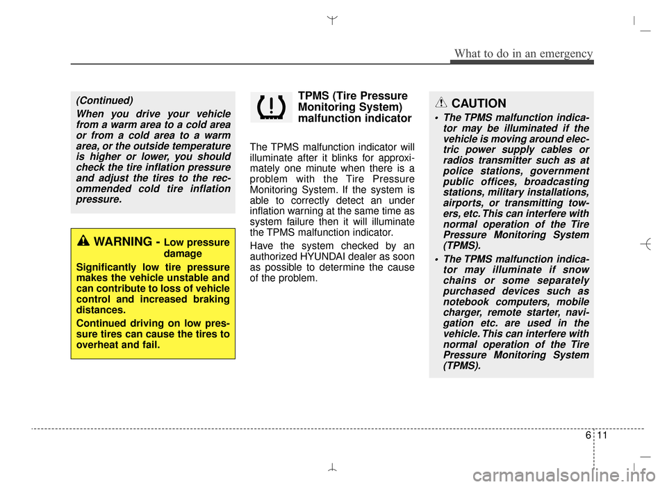 Hyundai Santa Fe Sport 2016  Owners Manual 611
What to do in an emergency
TPMS (Tire Pressure
Monitoring System)
malfunction indicator
The TPMS malfunction indicator will
illuminate after it blinks for approxi-
mately one minute when there is 