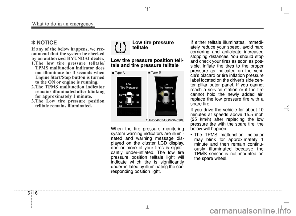 Hyundai Santa Fe Sport 2016  Owners Manual What to do in an emergency
16
6
✽
✽
NOTICE
If any of the below happens, we rec-
ommend that the system be checked
by an authorized HYUNDAI dealer.
1.The low tire pressure telltale/
TPMS malfunctio