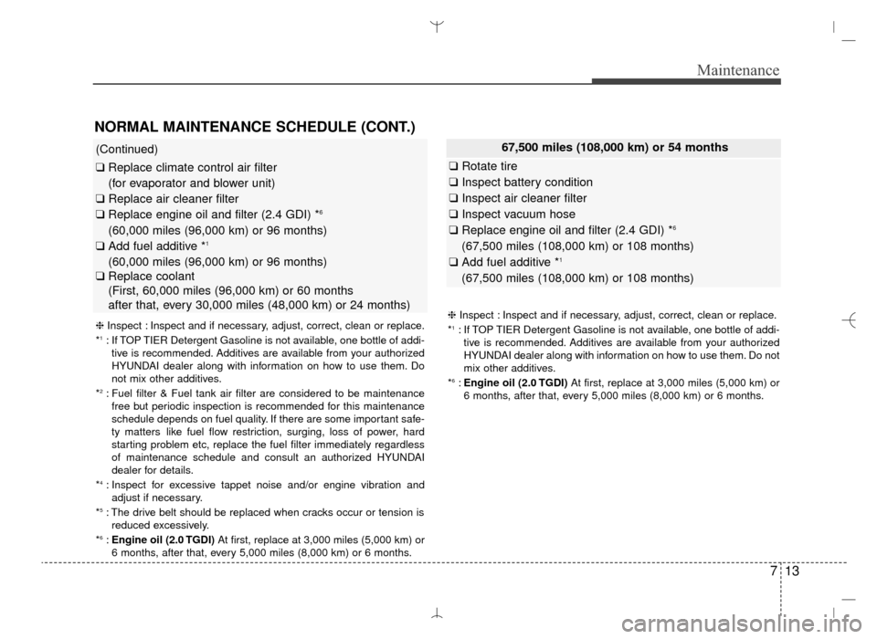 Hyundai Santa Fe Sport 2016  Owners Manual 713
Maintenance
NORMAL MAINTENANCE SCHEDULE (CONT.)
(Continued)
❑Replace climate control air filter 
(for evaporator and blower unit)
❑ Replace air cleaner filter
❑ Replace engine oil and filter