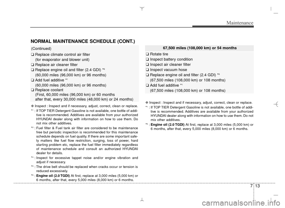 Hyundai Santa Fe Sport 2016 Owners Manual 713
Maintenance
NORMAL MAINTENANCE SCHEDULE (CONT.)
(Continued)
❑Replace climate control air filter
(for evaporator and blower unit)
❑ Replace air cleaner filter
❑ Replace engine oil and filter Hyundai Santa Fe Sport 2016 Owners Manual 713
Maintenance
NORMAL MAINTENANCE SCHEDULE (CONT.)
(Continued)
❑Replace climate control air filter
(for evaporator and blower unit)
❑ Replace air cleaner filter
❑ Replace engine oil and filter