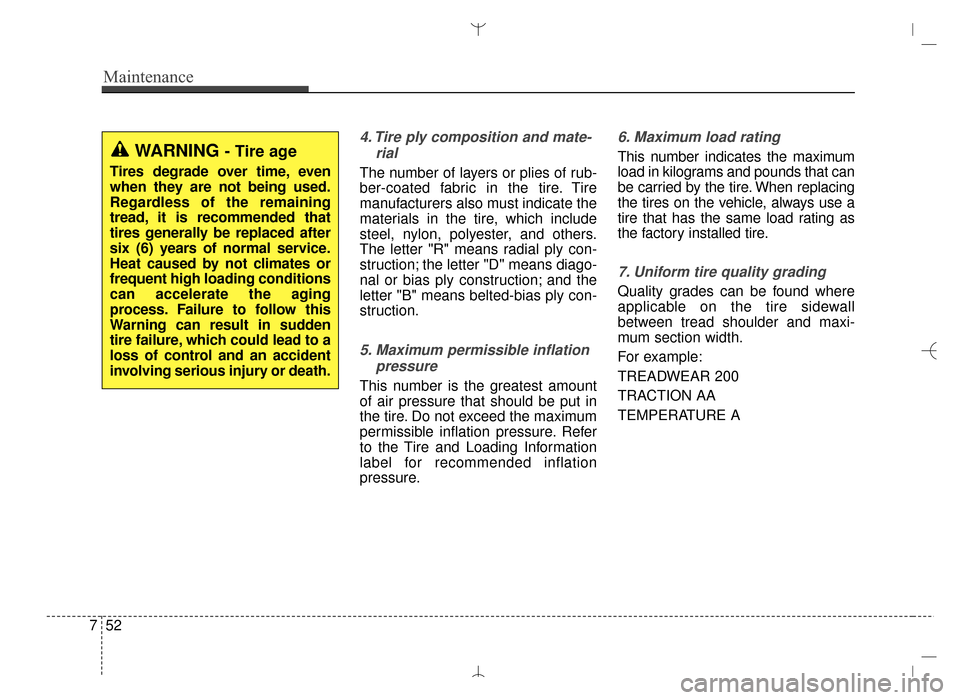 Hyundai Santa Fe Sport 2016 Owners Manual Maintenance
52
7
4. Tire ply composition and mate-
rial
The number of layers or plies of rub-
ber-coated fabric in the tire. Tire
manufacturers also must indicate the
materials in the tire, which incl Hyundai Santa Fe Sport 2016 Owners Manual Maintenance
52
7
4. Tire ply composition and mate-
rial
The number of layers or plies of rub-
ber-coated fabric in the tire. Tire
manufacturers also must indicate the
materials in the tire, which incl