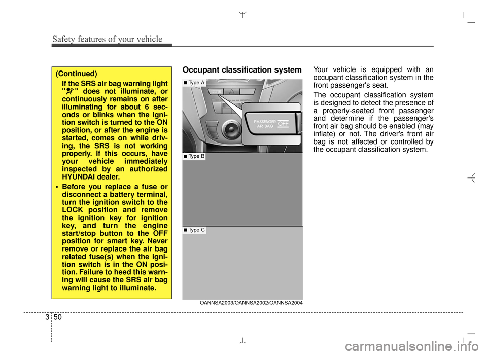Hyundai Santa Fe Sport 2016  Owners Manual Safety features of your vehicle
50
3
Occupant classification systemYour vehicle is equipped with an
occupant classification system in the
front passengers seat.
The occupant classification system
is 