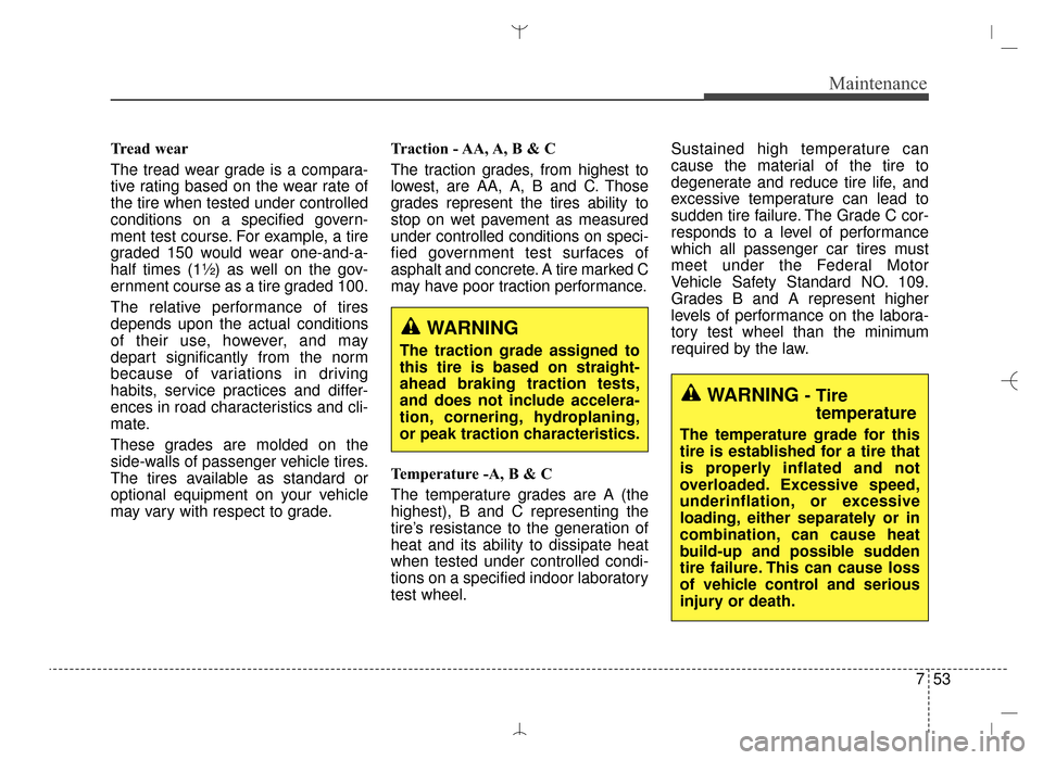 Hyundai Santa Fe Sport 2016 Owners Manual 753
Maintenance
Tread wear
The tread wear grade is a compara-
tive rating based on the wear rate of
the tire when tested under controlled
conditions on a specified govern-
ment test course. For exampl Hyundai Santa Fe Sport 2016 Owners Manual 753
Maintenance
Tread wear
The tread wear grade is a compara-
tive rating based on the wear rate of
the tire when tested under controlled
conditions on a specified govern-
ment test course. For exampl