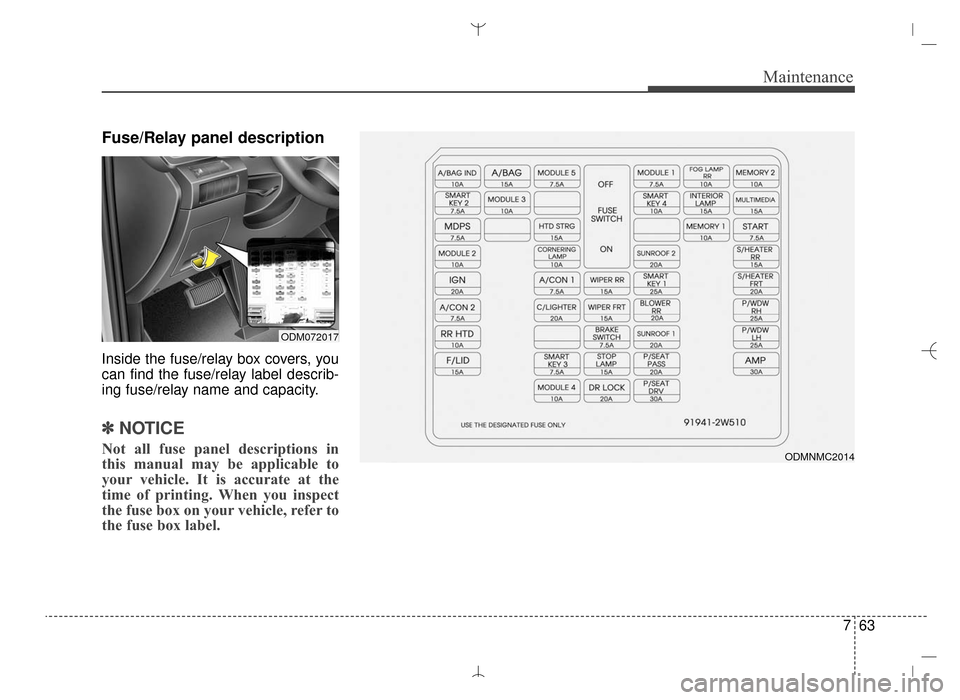Hyundai Santa Fe Sport 2016 Owners Manual 763
Maintenance
Fuse/Relay panel description
Inside the fuse/relay box covers, you
can find the fuse/relay label describ-
ing fuse/relay name and capacity.
✽ ✽NOTICE
Not all fuse panel description Hyundai Santa Fe Sport 2016 Owners Manual 763
Maintenance
Fuse/Relay panel description
Inside the fuse/relay box covers, you
can find the fuse/relay label describ-
ing fuse/relay name and capacity.
✽ ✽NOTICE
Not all fuse panel description
