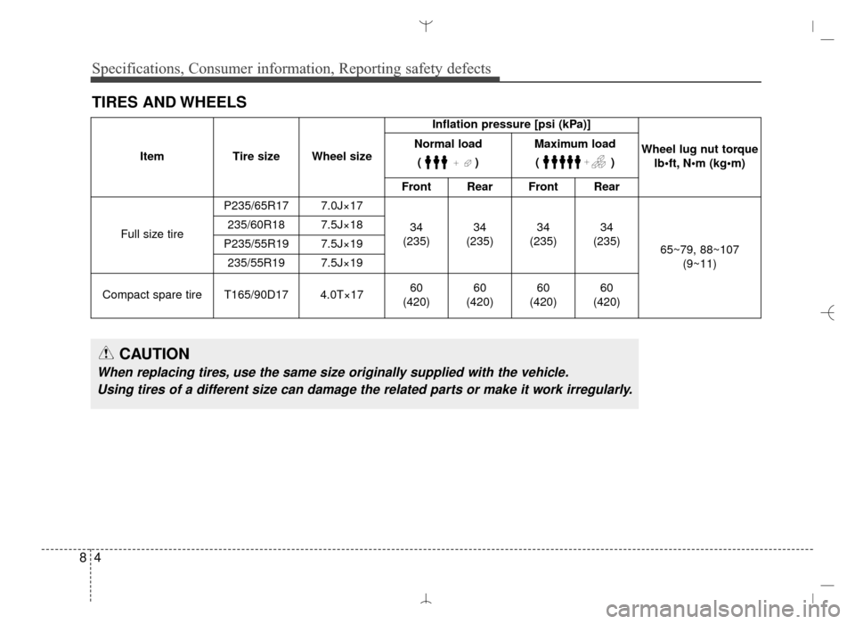 Hyundai Santa Fe Sport 2016  Owners Manual Specifications, Consumer information, Reporting safety defects
48
TIRES AND WHEELS
ItemTire size Wheel size Inflation pressure [psi (kPa)]
Wheel lug nut torque lb•ft, N
Normal load 
()Maximum load()