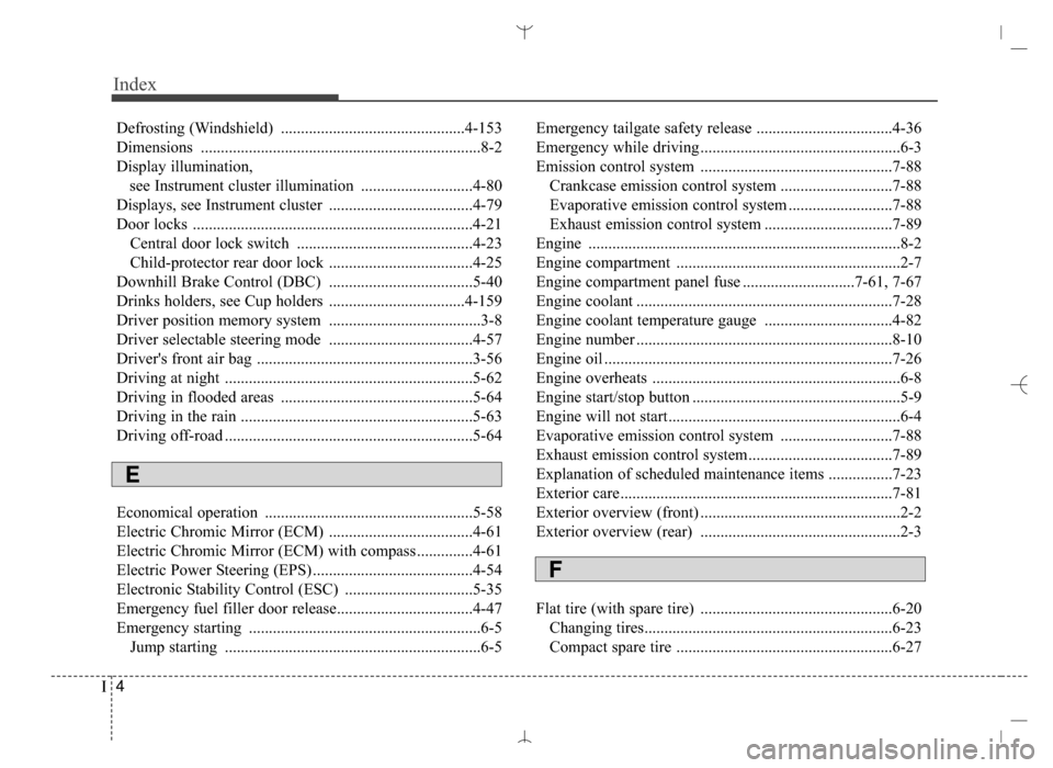 Hyundai Santa Fe Sport 2016  Owners Manual Index
4I
Defrosting (Windshield) ..............................................4-153
Dimensions ......................................................................8-\
2
Display illumination, see In