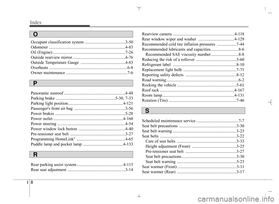 Hyundai Santa Fe Sport 2016 Owners Manual Index
8I
Occupant classification system ......................................3-50
Odometer ........................................................................\
4-83
Oil (Engine) ................ Hyundai Santa Fe Sport 2016 Owners Manual Index
8I
Occupant classification system ......................................3-50
Odometer ........................................................................\
4-83
Oil (Engine) ................