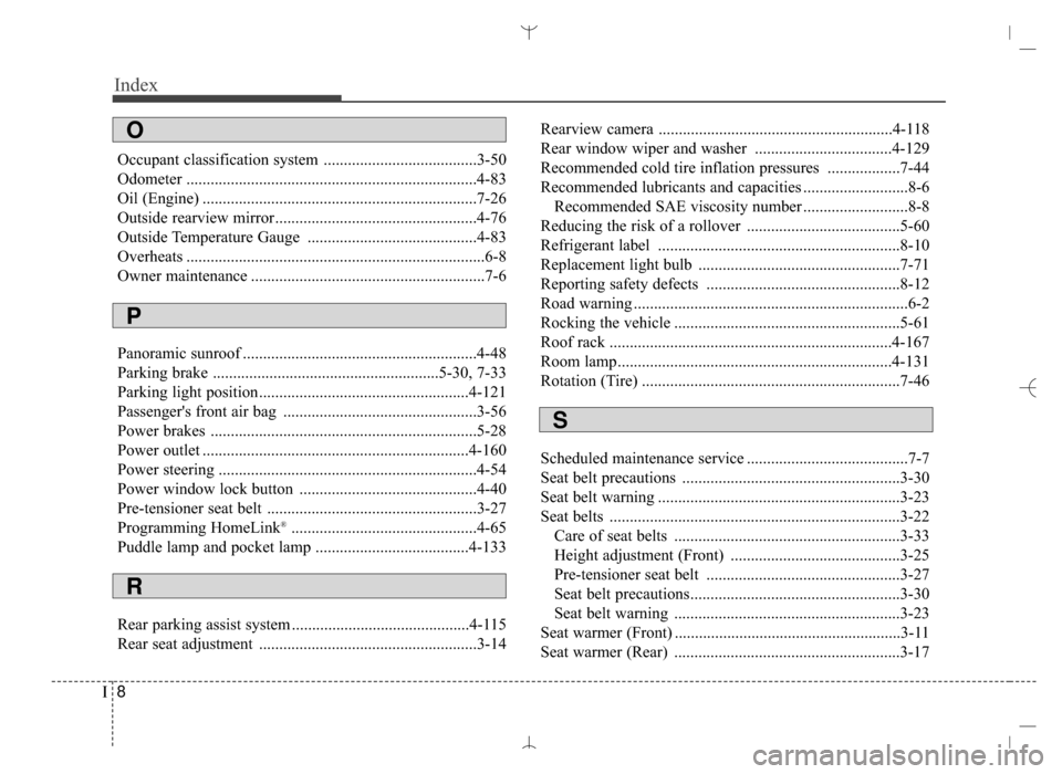 Hyundai Santa Fe Sport 2016  Owners Manual Index
8I
Occupant classification system ......................................3-50
Odometer ........................................................................\
4-83
Oil (Engine) ................