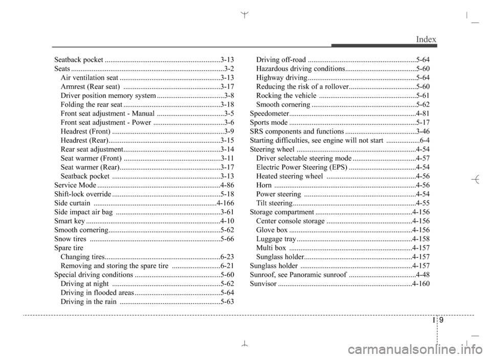Hyundai Santa Fe Sport 2016  Owners Manual I9
Index
Seatback pocket ..............................................................3-13
Seats ........................................................................\
..........3-2Air ventilation