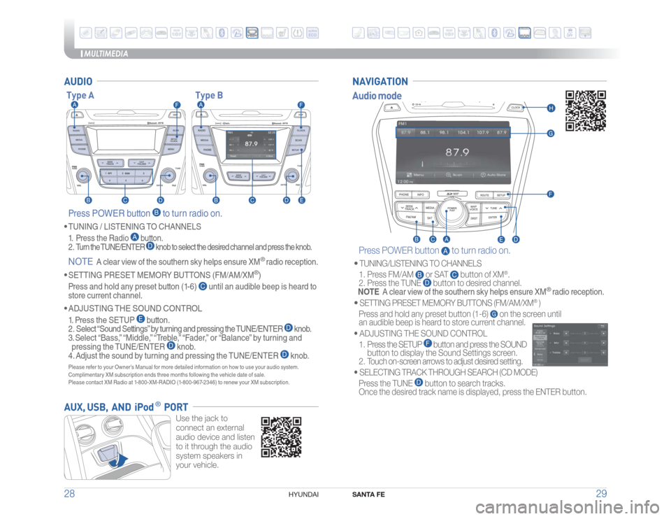 Hyundai Santa Fe Sport 2016  Quick Reference Guide MULTIMEDIA
SANTA FE
29 28
HYUNDAI 
AUDIO Press POWER button 
 to turn radio on.
�r�TUNING / LISTENING TO CHANNELS
 1.  Press the Radio 
 button. 
 2 . Turn the TUNE/ENTER 
 knob to select the desired