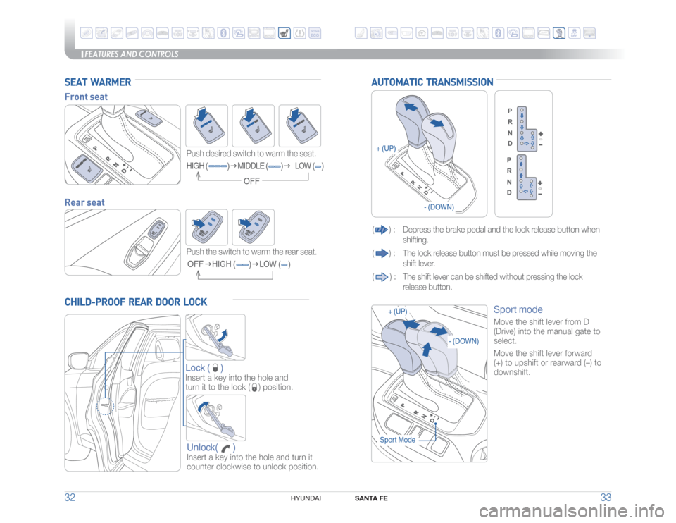 Hyundai Santa Fe Sport 2016  Quick Reference Guide FEATURES AND CONTROLS
SANTA FE
33 32
HYUNDAI 
CHILD-PROOF  REAR  DOOR  LOCK
Lock (
 )
Insert a key into the hole and  
turn it to the lock (
) position.
Unlock(       )Insert a key into the hole and t