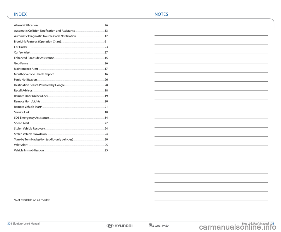 Hyundai Santa Fe Sport 2016  Gen 1 Blue Link Audio Manual Blue link User’s Manual   i  31
30  i   Blue link User’s Manual
alarm notification ........................................................................\
............................... 26
a ut