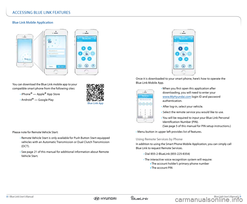 Hyundai Santa Fe Sport 2016  Gen 1 Blue Link Audio Manual Blue link User’s Manual   i  9
8  i   Blue link User’s Manual
accessinG  BlUe link FeatUres
Blue link Mobile a pplication
 
you can download the Blue link mobile app to your   
compatible smart ph