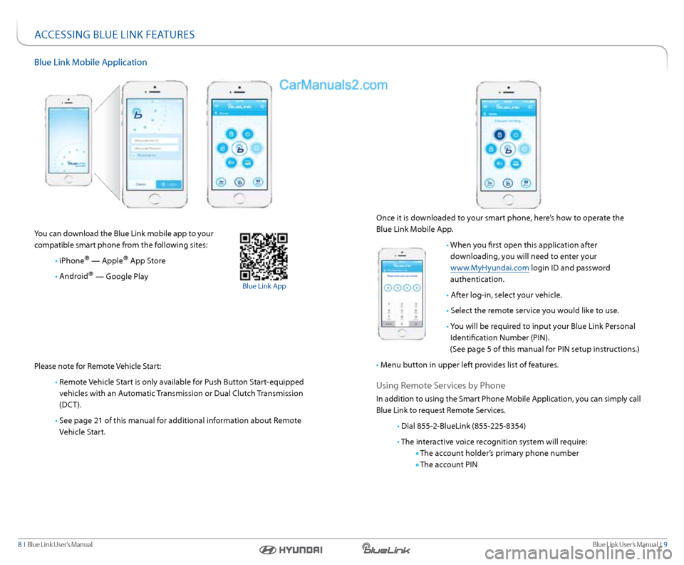 Hyundai Santa Fe Sport 2016  Gen 1 Blue Link Navigation Manual Blue link User’s Manual  I  9
8  I   Blue link User’s Manual
aCCessInG  BlUe lInk Fea TUres
Blue link Mobile a pplication
 
you can download the Blue link mobile app to your   
compatible smart ph