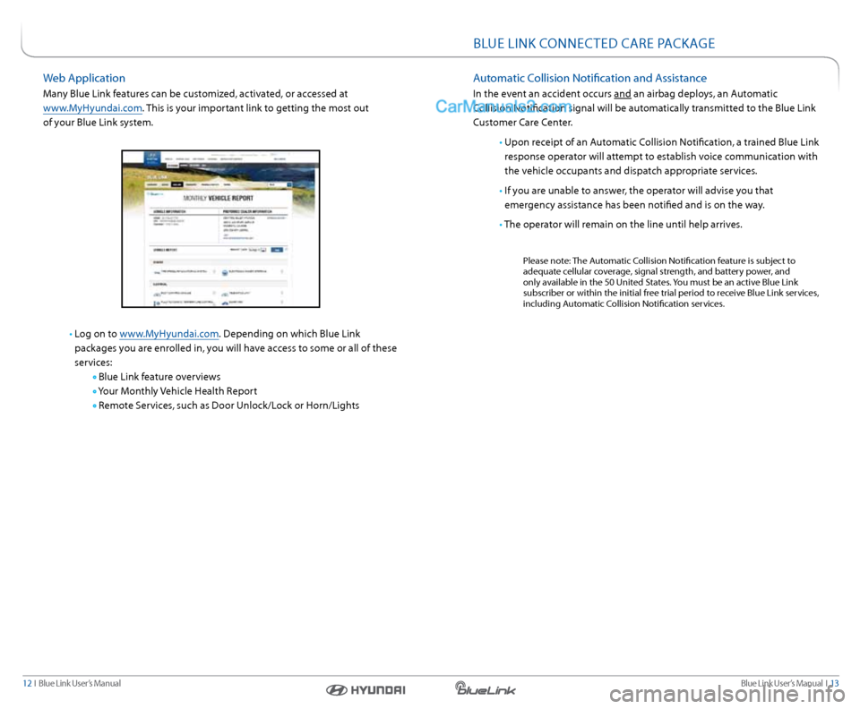 Hyundai Santa Fe Sport 2016  Gen 1 Blue Link Navigation Manual Blue link User’s Manual  I  13
12  I   Blue link User’s Manual
BlUe lInk COnneCTeD  Care Pa CkaGe
automatic Collision notification and a ssistance
In the event an accident occurs and an airbag dep