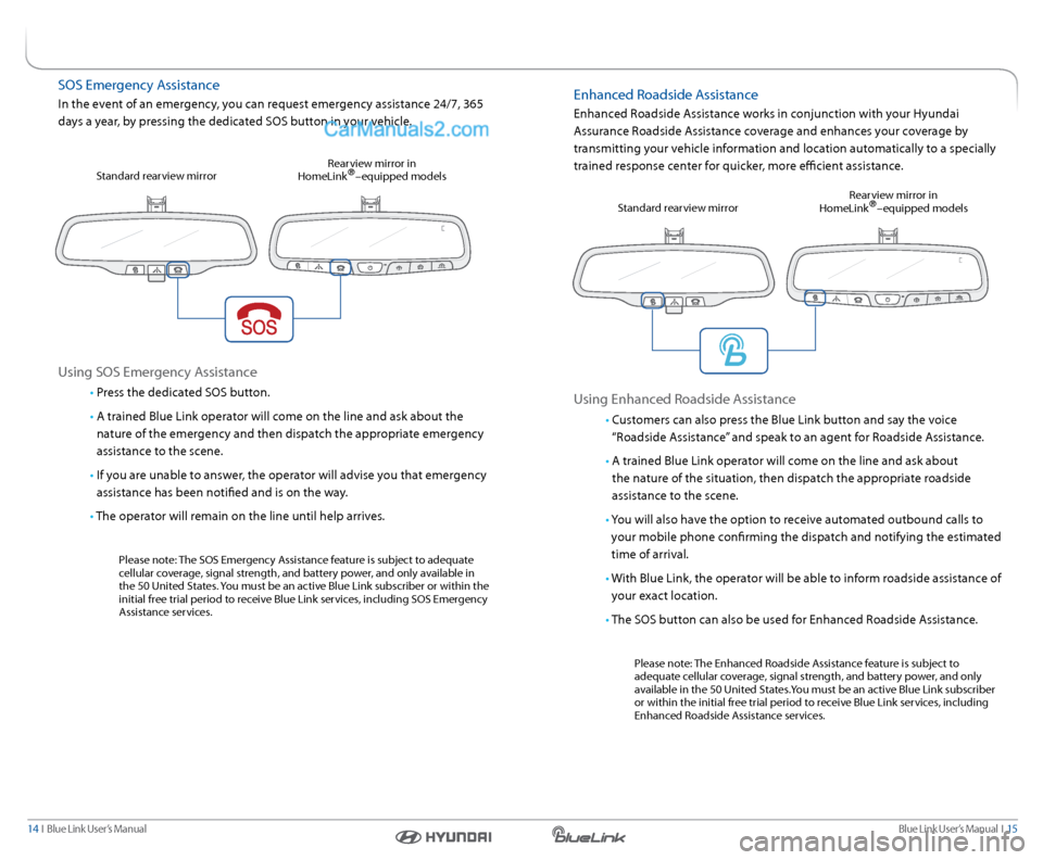 Hyundai Santa Fe Sport 2016  Gen 1 Blue Link Navigation Manual Blue link User’s Manual  I  15
14  I   Blue link User’s Manual
sOs emergency a ssistance
In the event of an emergency, you can request emergency assistance 24/7, 365 
days a year, by pressing the 