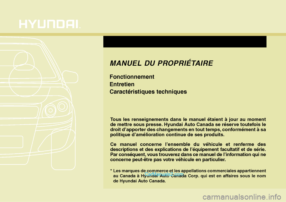 Hyundai Santa Fe Sport 2016  Manuel du propriétaire (in French) F1
Tous les renseignements dans le manuel étaient à jour au moment
de mettre sous presse. Hyundai Auto Canada se réserve toutefois le
droit d’apporter des changements en tout temps, conformément