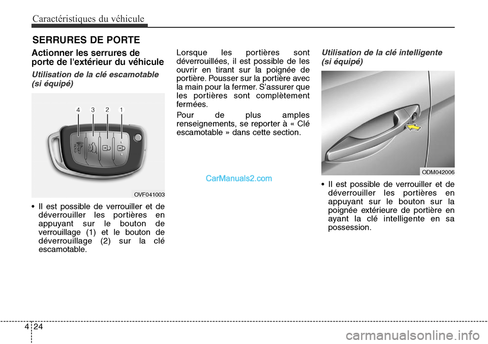 Hyundai Santa Fe Sport 2016  Manuel du propriétaire (in French) Caractéristiques du véhicule
24
4
Actionner les serrures de
porte de lextérieur du véhicule
Utilisation de la clé escamotable
(si équipé)
• Il est possible de verrouiller et de déverrouille
