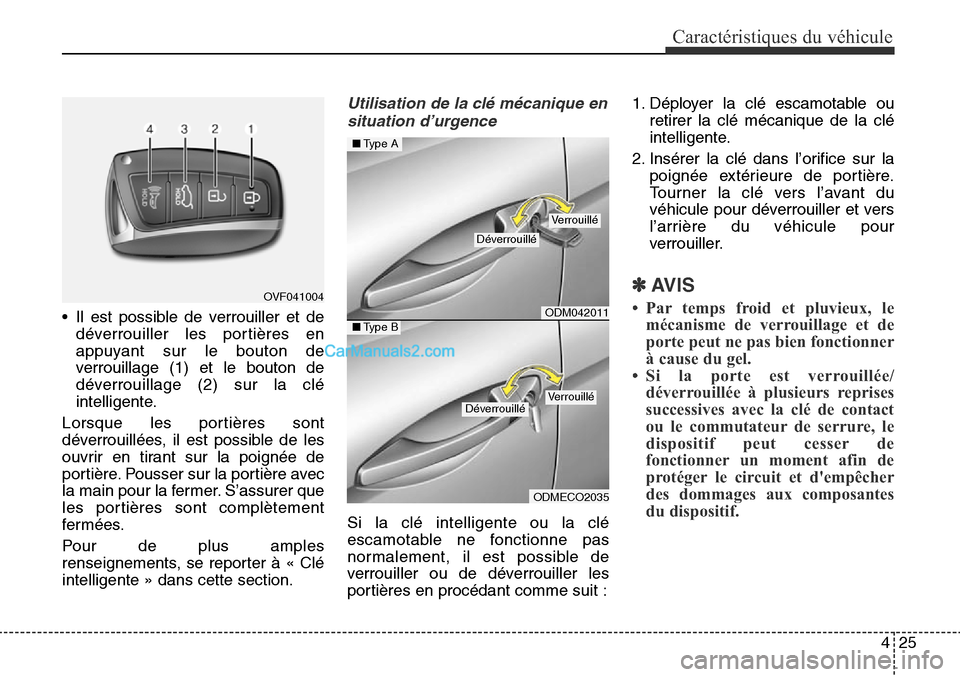 Hyundai Santa Fe Sport 2016  Manuel du propriétaire (in French) 425
Caractéristiques du véhicule
• Il est possible de verrouiller et dedéverrouiller les portières en
appuyant sur le bouton de
verrouillage (1) et le bouton de
déverrouillage (2) sur la clé
i