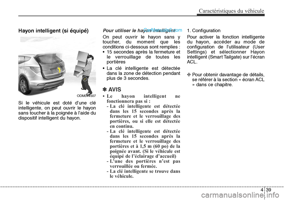 Hyundai Santa Fe Sport 2016 Manuel du propriétaire (in French) 439
Caractéristiques du véhicule
Hayon intelligent (si équipé)
Si le véhicule est doté d’une clé
intelligente, on peut ouvrir le hayon
sans toucher à la poignée à l’aide du
dispositif in Hyundai Santa Fe Sport 2016 Manuel du propriétaire (in French) 439
Caractéristiques du véhicule
Hayon intelligent (si équipé)
Si le véhicule est doté d’une clé
intelligente, on peut ouvrir le hayon
sans toucher à la poignée à l’aide du
dispositif in