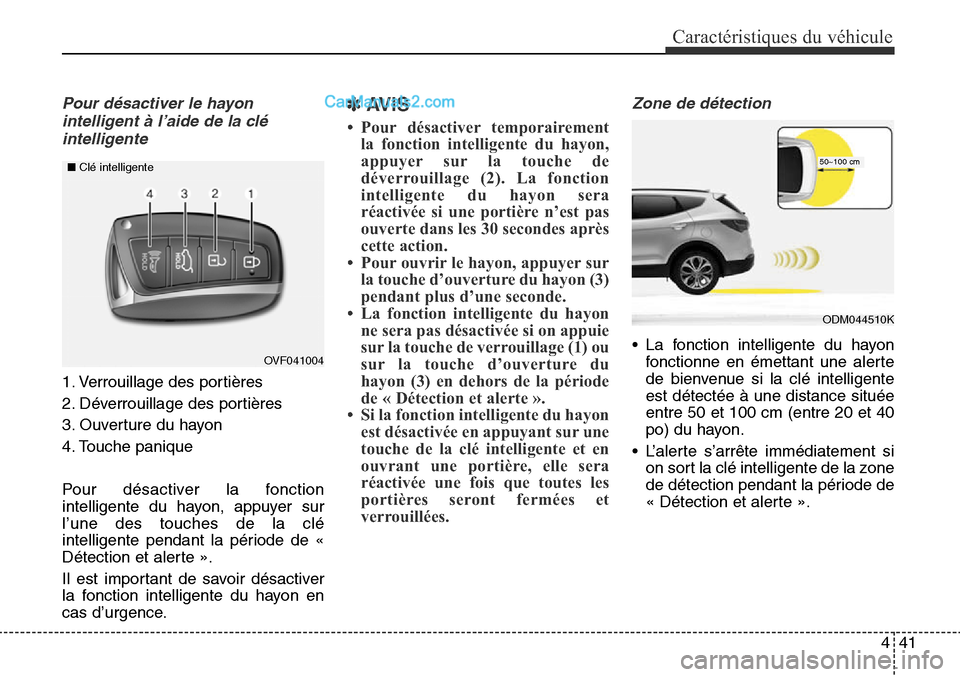 Hyundai Santa Fe Sport 2016 Manuel du propriétaire (in French) 441
Caractéristiques du véhicule
Pour désactiver le hayonintelligent à l’aide de la cléintelligente
1. Verrouillage des portières
2. Déverrouillage des portières
3. Ouverture du hayon
4. Hyundai Santa Fe Sport 2016 Manuel du propriétaire (in French) 441
Caractéristiques du véhicule
Pour désactiver le hayonintelligent à l’aide de la cléintelligente
1. Verrouillage des portières
2. Déverrouillage des portières
3. Ouverture du hayon
4.
