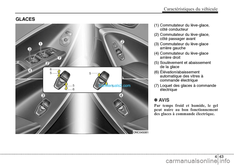 Hyundai Santa Fe Sport 2016 Manuel du propriétaire (in French) 443
Caractéristiques du véhicule
(1) Commutateur du lève-glace,côté conducteur
(2) Commutateur du lève-glace, côté passager avant
(3) Commutateur du lève-glace arrière gauche
(4) Commutateur Hyundai Santa Fe Sport 2016 Manuel du propriétaire (in French) 443
Caractéristiques du véhicule
(1) Commutateur du lève-glace,côté conducteur
(2) Commutateur du lève-glace, côté passager avant
(3) Commutateur du lève-glace arrière gauche
(4) Commutateur