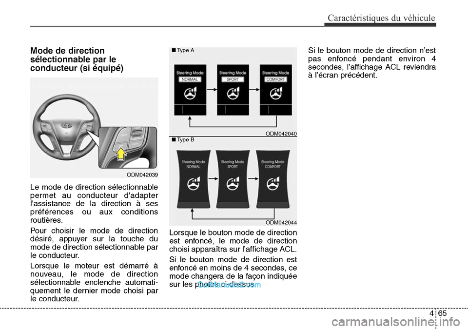 Hyundai Santa Fe Sport 2016  Manuel du propriétaire (in French) 465
Caractéristiques du véhicule
Mode de direction
sélectionnable par le
conducteur (si équipé)
Le mode de direction sélectionnable
permet au conducteur dadapter
lassistance de la direction à