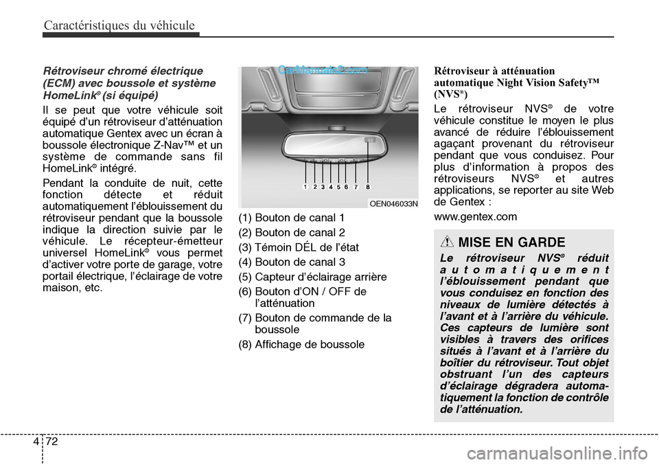 Hyundai Santa Fe Sport 2016  Manuel du propriétaire (in French) Caractéristiques du véhicule
72
4
Rétroviseur chromé électrique
(ECM) avec boussole et systèmeHomeLink
® (si équipé)
Il se peut que votre véhicule soit
équipé d’un rétroviseur d’atté