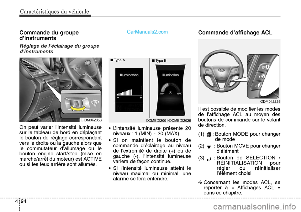 Hyundai Santa Fe Sport 2016  Manuel du propriétaire (in French) Caractéristiques du véhicule
94
4
Commande du groupe
d’instruments
Réglage de l’éclairage du groupe
d’instruments
On peut varier l’intensité lumineuse
sur le tableau de bord en déplaçan