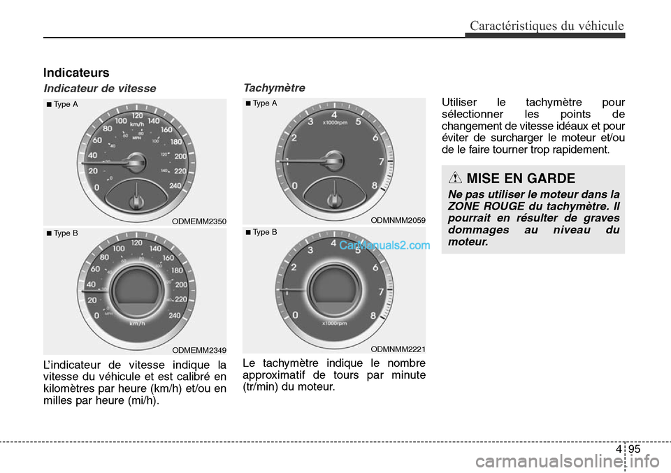 Hyundai Santa Fe Sport 2016  Manuel du propriétaire (in French) 495
Caractéristiques du véhicule
Indicateurs
Indicateur de vitesse
L’indicateur de vitesse indique la
vitesse du véhicule et est calibré en
kilomètres par heure (km/h) et/ou en
milles par heure