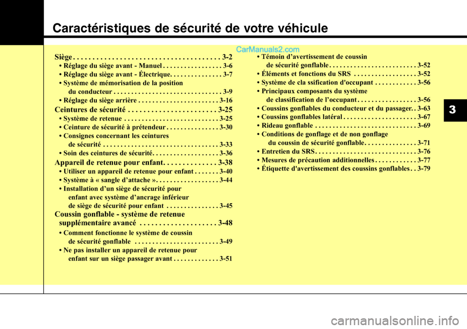 Hyundai Santa Fe Sport 2016  Manuel du propriétaire (in French) Caractéristiques de sécurité de votre véhicule
Siège . . . . . . . . . . . . . . . . . . . . . . . . . . . . . . . . . . . . \
. . 3-2
• Réglage du siège avant - Manuel . . . . . . . . . . . 