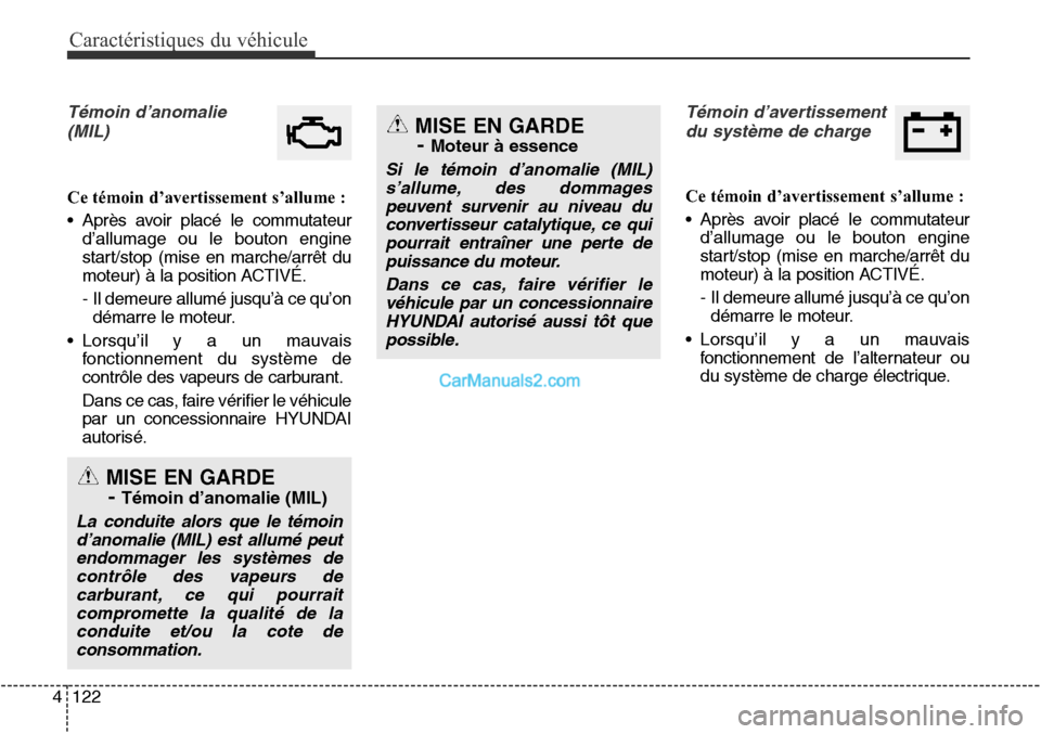 Hyundai Santa Fe Sport 2016 Manuel du propriétaire (in French) Caractéristiques du véhicule
122
4
Témoin d’anomalie
(MIL)
Ce témoin d’avertissement s’allume :
• Après avoir placé le commutateur d’allumage ou le bouton engine
start/stop (mise en ma Hyundai Santa Fe Sport 2016 Manuel du propriétaire (in French) Caractéristiques du véhicule
122
4
Témoin d’anomalie
(MIL)
Ce témoin d’avertissement s’allume :
• Après avoir placé le commutateur d’allumage ou le bouton engine
start/stop (mise en ma