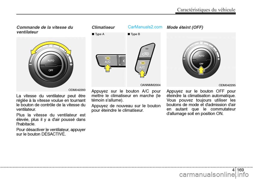 Hyundai Santa Fe Sport 2016 Manuel du propriétaire (in French) 4169
Caractéristiques du véhicule
Commande de la vitesse duventilateur
La vitesse du ventilateur peut être
réglée à la vitesse voulue en tournant
le bouton de contrôle de la vitesse du
ventilat Hyundai Santa Fe Sport 2016 Manuel du propriétaire (in French) 4169
Caractéristiques du véhicule
Commande de la vitesse duventilateur
La vitesse du ventilateur peut être
réglée à la vitesse voulue en tournant
le bouton de contrôle de la vitesse du
ventilat