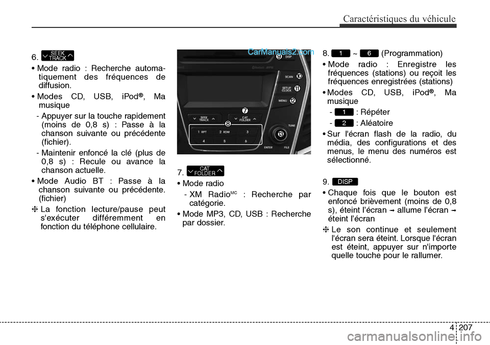 Hyundai Santa Fe Sport 2016  Manuel du propriétaire (in French) 4207
Caractéristiques du véhicule
6.
• Mode radio : Recherche automa-
tiquement des fréquences de
diffusion.
• Modes CD, USB, iPod
®, Ma
musique
- Appuyer sur la touche rapidement (moins de 0,