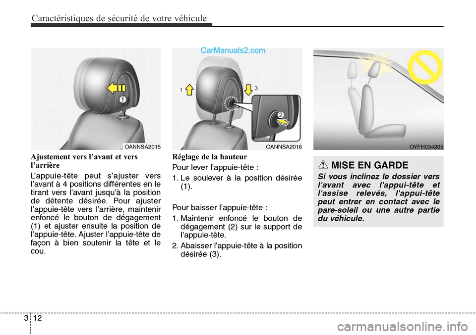 Hyundai Santa Fe Sport 2016  Manuel du propriétaire (in French) Caractéristiques de sécurité de votre véhicule
12
3
OANNSA2015OYFH034205
Ajustement vers l’avant et vers
l’arrière 
L’appuie-tête peut s’ajuster vers
l’avant à 4 positions différente