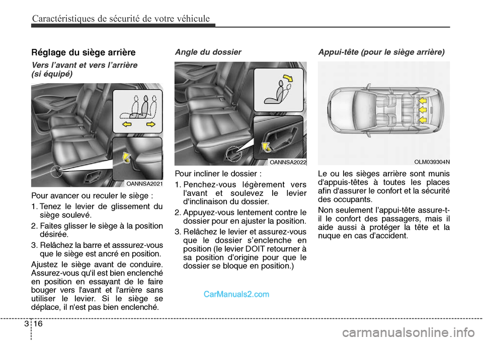 Hyundai Santa Fe Sport 2016  Manuel du propriétaire (in French) Caractéristiques de sécurité de votre véhicule
16
3
Réglage du siège arrière
Vers l’avant et vers l’arrière  
(si équipé)
Pour avancer ou reculer le siège :
1. Tenez le levier de glisse