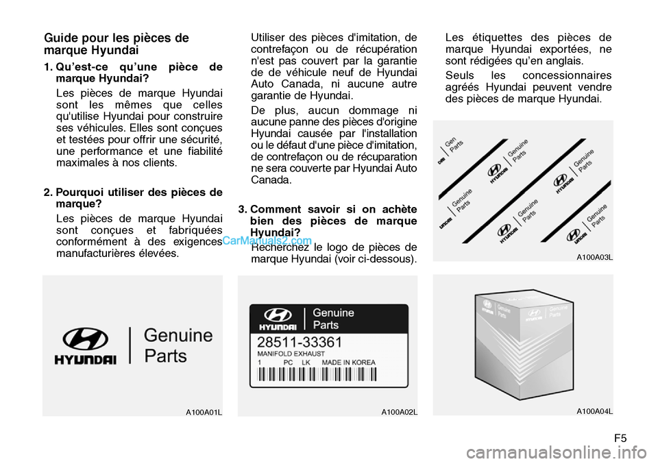 Hyundai Santa Fe Sport 2016  Manuel du propriétaire (in French) F5
Guide pour les pièces de
marque Hyundai
1. Qu’est-ce qu’une pièce demarque Hyundai?
Les pièces de marque Hyundai
sont les mêmes que celles
quutilise Hyundai pour construire
ses véhicules.