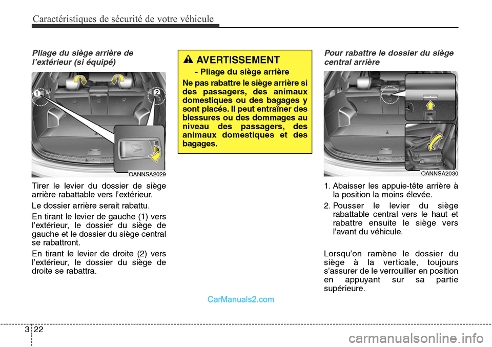Hyundai Santa Fe Sport 2016  Manuel du propriétaire (in French) Caractéristiques de sécurité de votre véhicule
22
3
Pliage du siège arrière de
l’extérieur (si équipé)
Tirer le levier du dossier de siège
arrière rabattable vers l’extérieur.
Le dossi