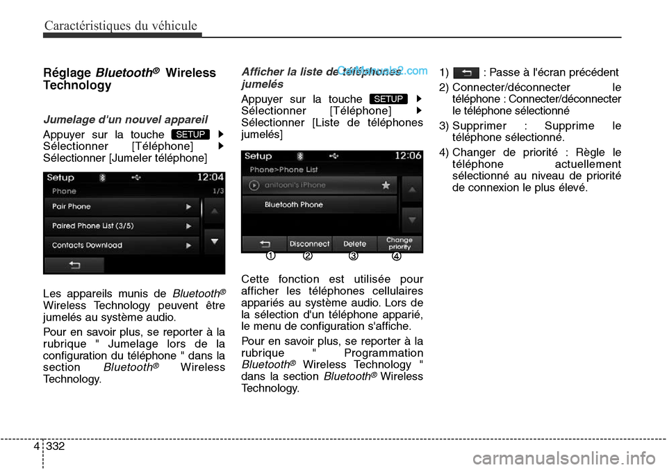 Hyundai Santa Fe Sport 2016  Manuel du propriétaire (in French) Caractéristiques du véhicule
332
4
RéglageBluetooth®Wireless
Technology
Jumelage dun nouvel appareil
Appuyer sur la touche 
Sélectionner [Téléphone] 
Sélectionner [Jumeler téléphone]
Les ap