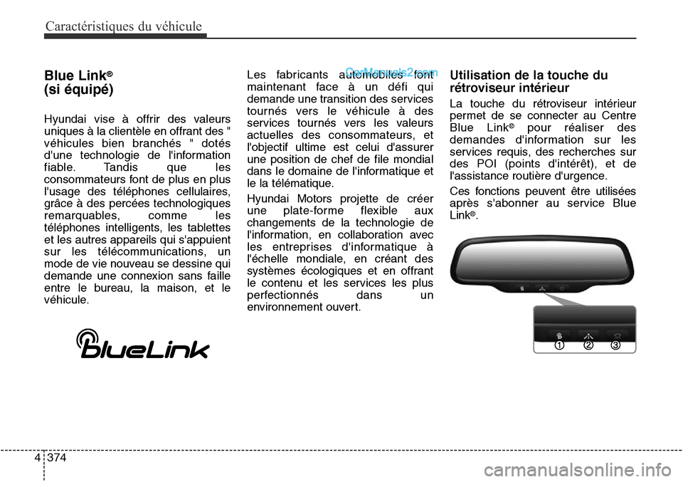Hyundai Santa Fe Sport 2016  Manuel du propriétaire (in French) Caractéristiques du véhicule
374
4
Blue Link®
(si équipé)
Hyundai vise à offrir des valeurs
uniques à la clientèle en offrant des "
véhicules bien branchés " dotés
dune technologie de lin