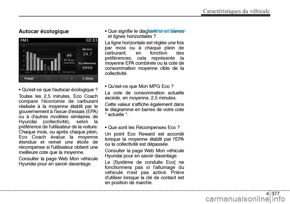 Hyundai Santa Fe Sport 2016  Manuel du propriétaire (in French) 4377
Caractéristiques du véhicule
Autocar écologique
• Quest-ce que lautocar écologique ?
Toutes les 2,5 minutes, Eco Coach
compare léconomie de carburant
réalisée à la moyenne établit p